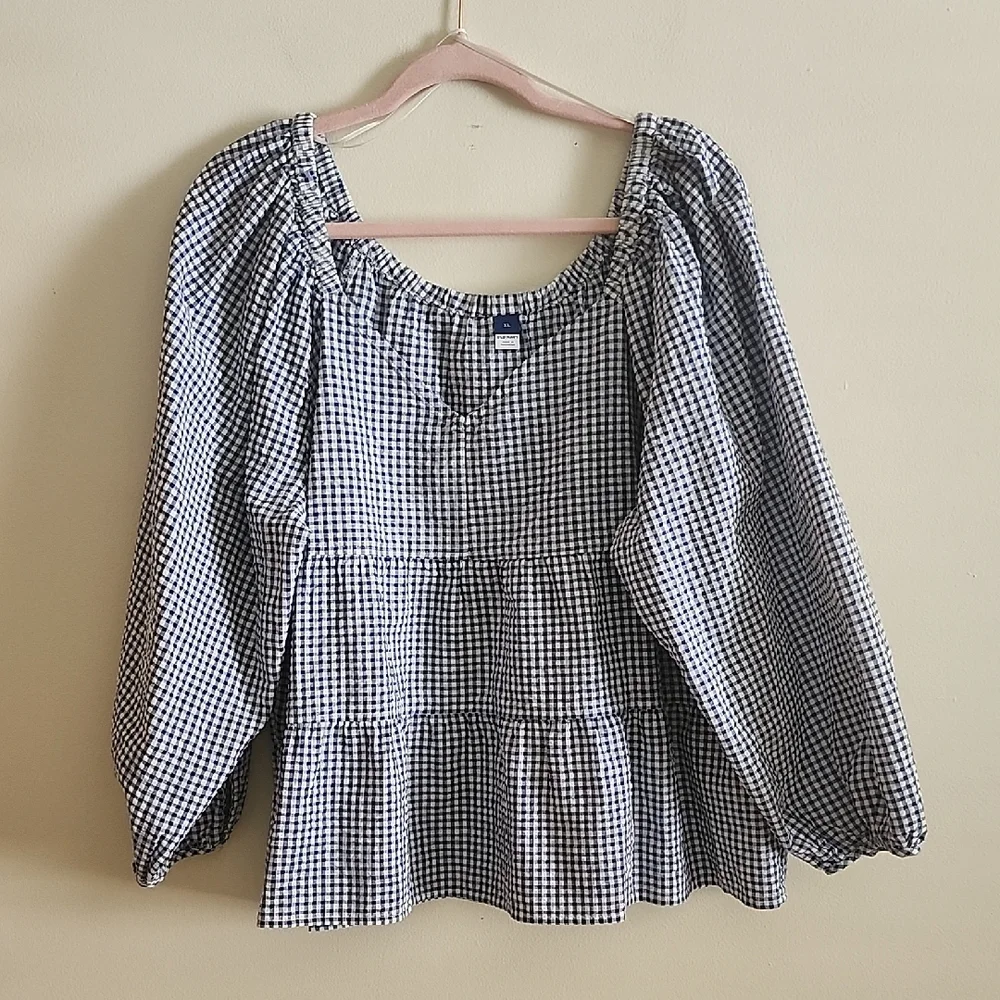 Old Navy Blue White Gingham Puff Sleeve Blouse Babydoll Top Feminine Prarie